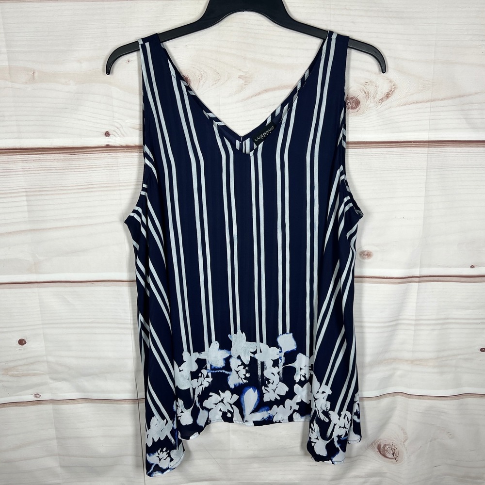 Lane Bryant V-Neck Tank Women 22 Blue Striped Floral Sleeveless Blouse Flowy